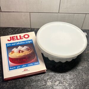JELL-O Recipe Book with Vintage Tupperware White Plastic Covered Jello Mold Bowl